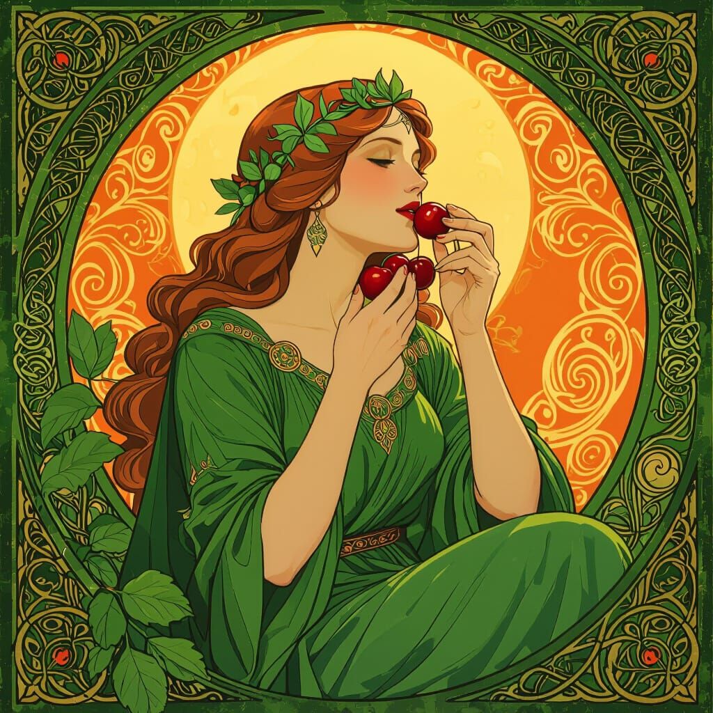 Goddess of Ireland Eating Cherries in Art Nouveau Style