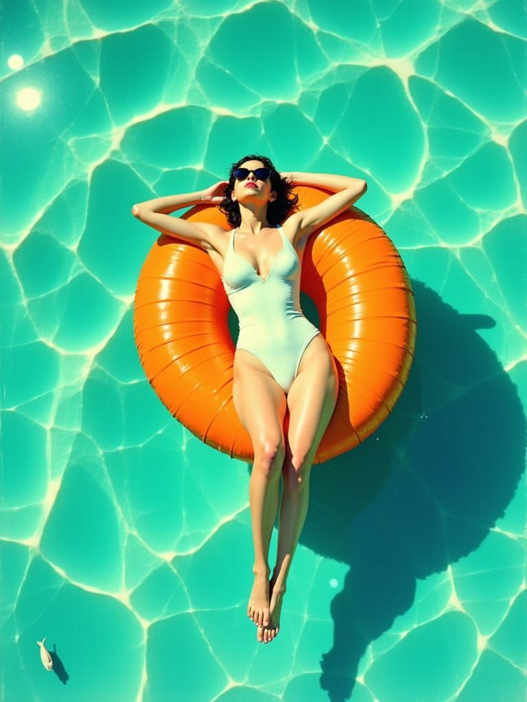 Woman Relaxing on Vibrant Orange Inflatable Ring in Turquois...