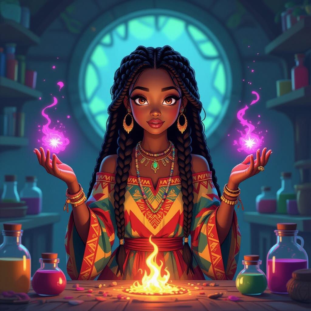 Afrofuturist Black Girl Casting Neon Spells