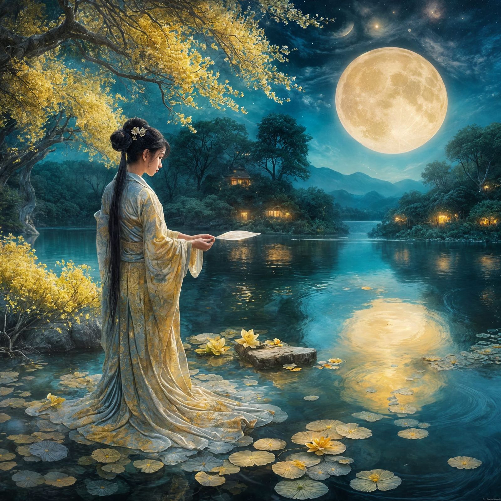 Moonlit Lake with Girl in Kimono: Impressionist Digital Pain...