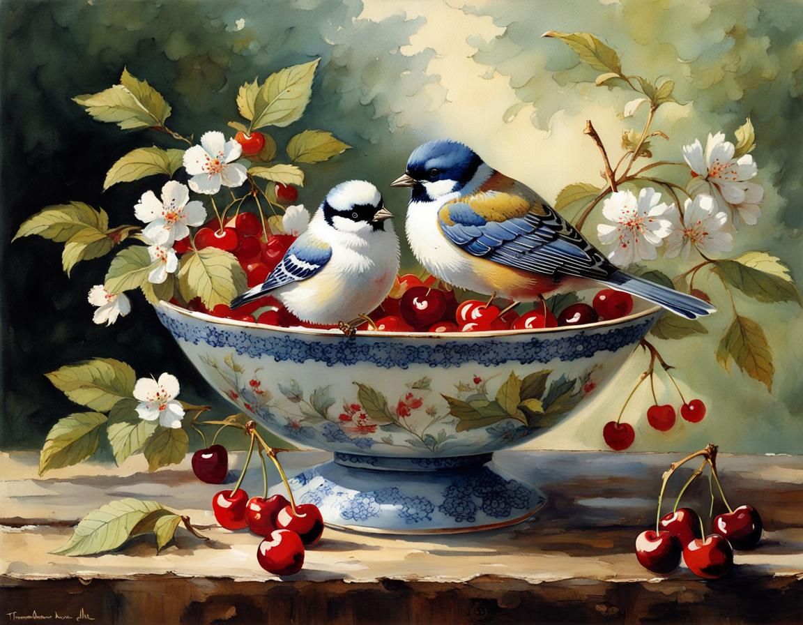 Two Adorable Birds Perch on a Vintage Garden Table