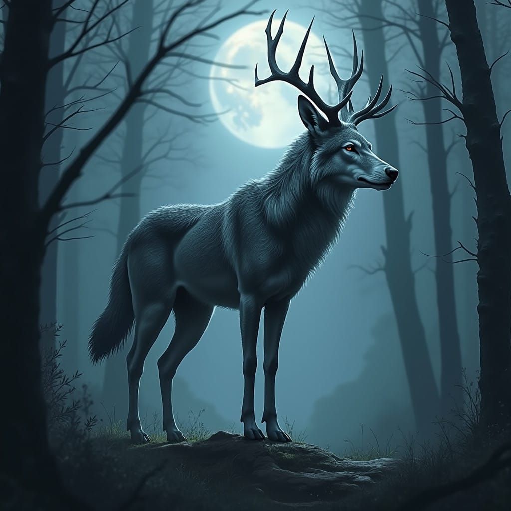 Majestic Dreamlike Wolf Deer Hybrid in Moonlit Forest