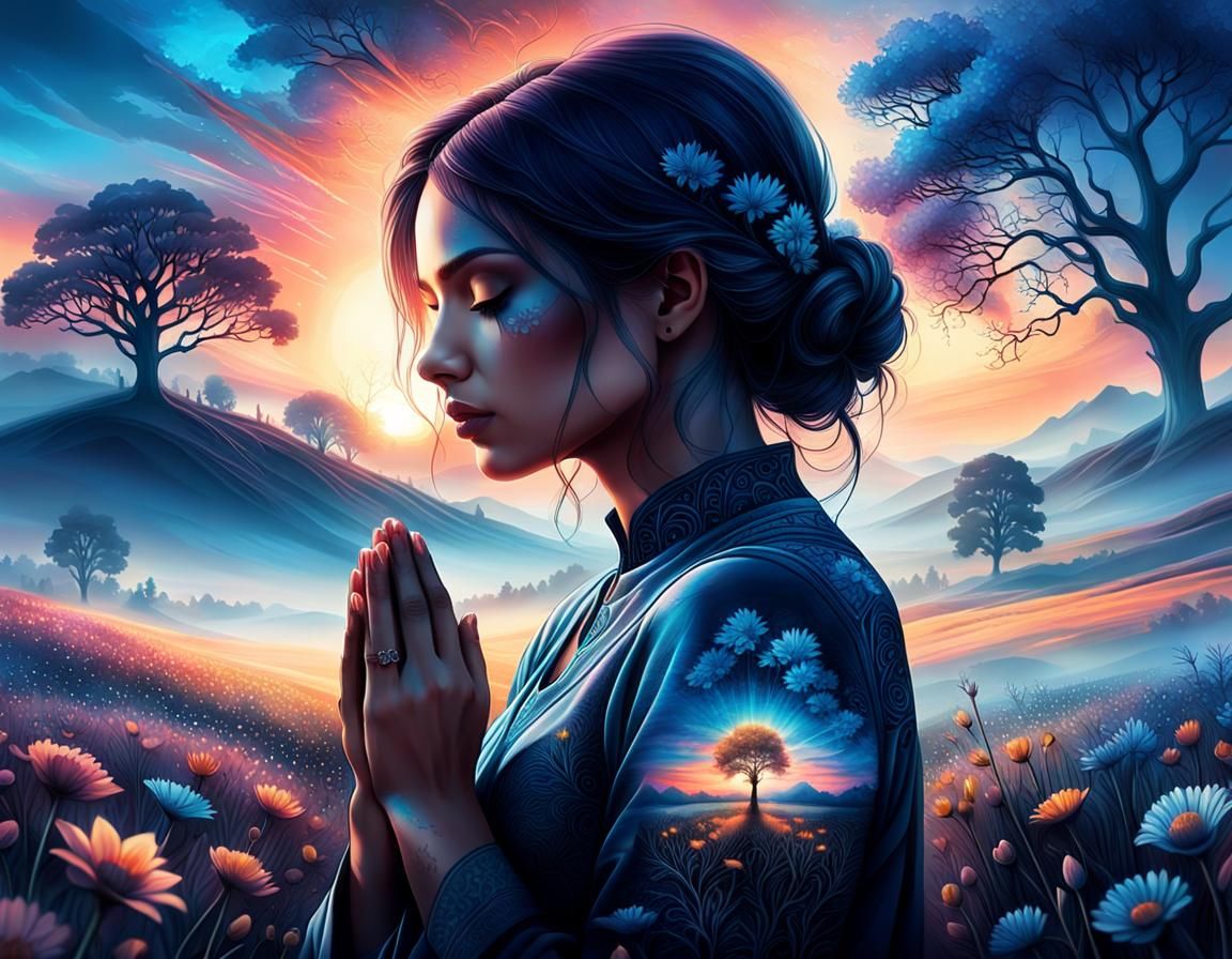 Girl in Prayer with Floral Landscape, Digital Matte Painting