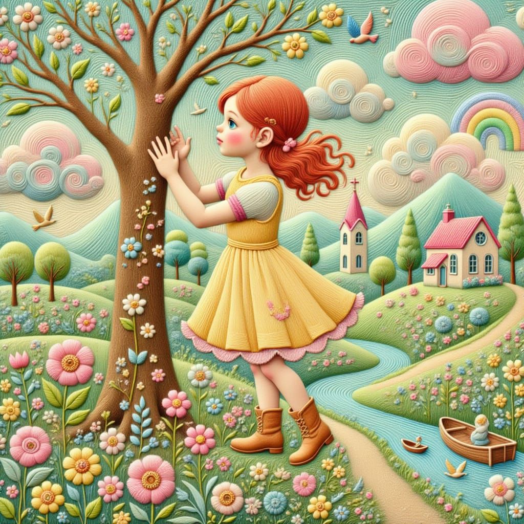 Vintage Pastel Girl Climbs Tree in Whimsical Oil and Velvet ...