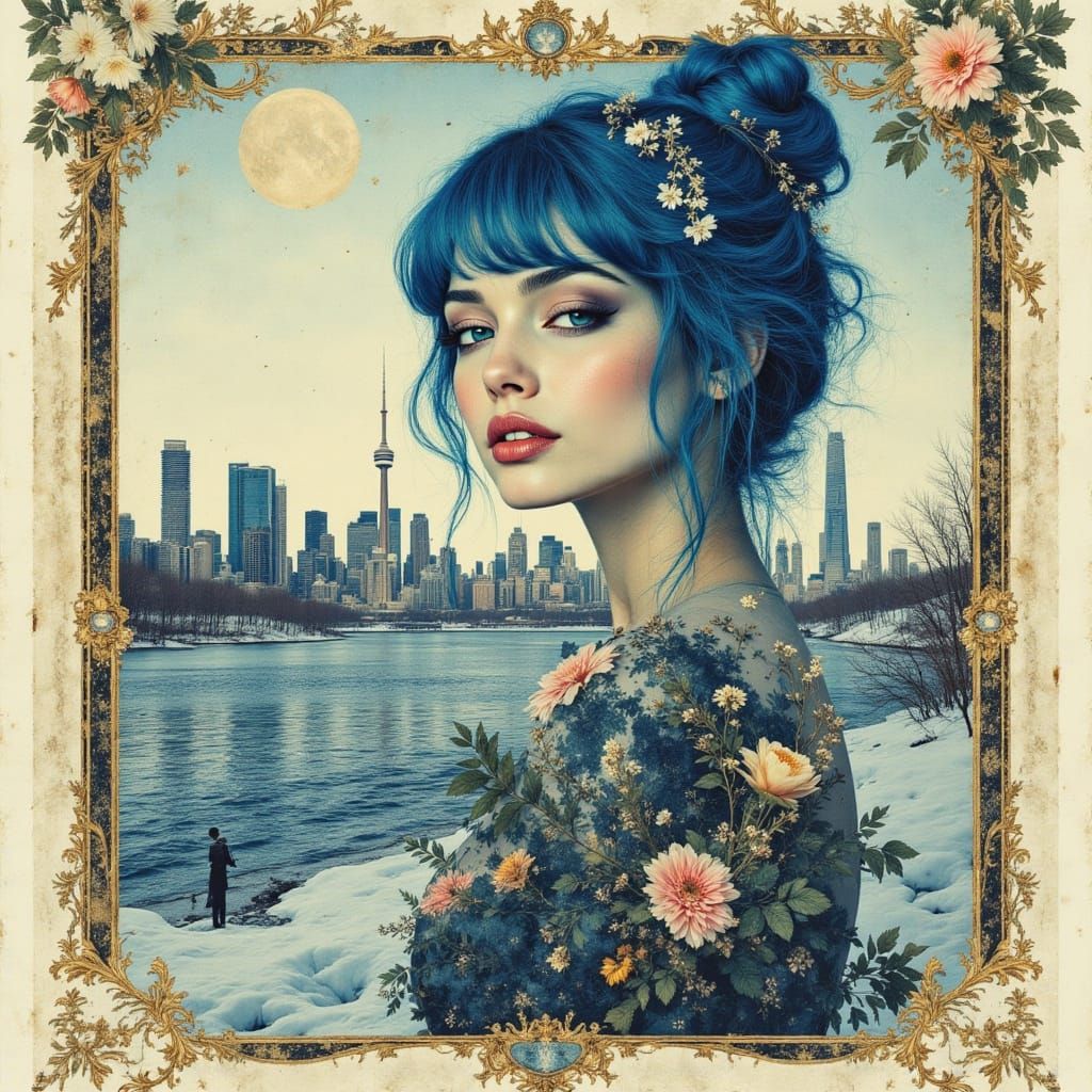 Blue-Haired Woman with Toronto Skyline in Collage Style