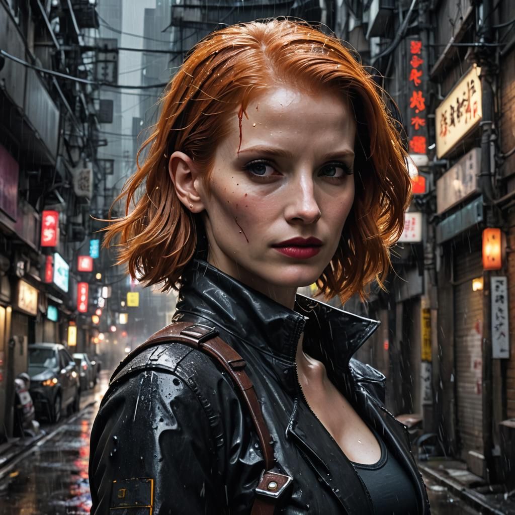 Cyberpunk Assassin in Rainy Tokyo Alleyway