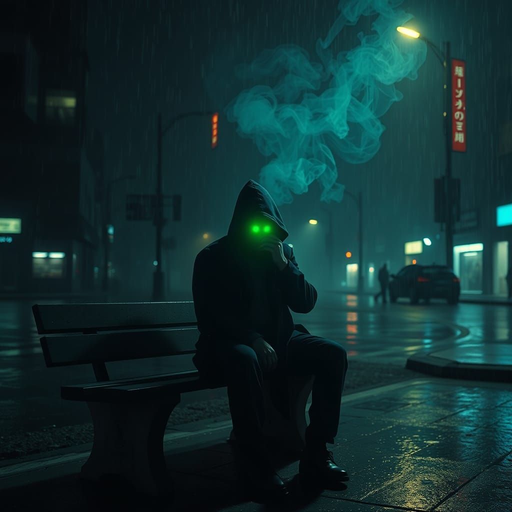 Mysterious Figure in Dystopian Urban Landscape