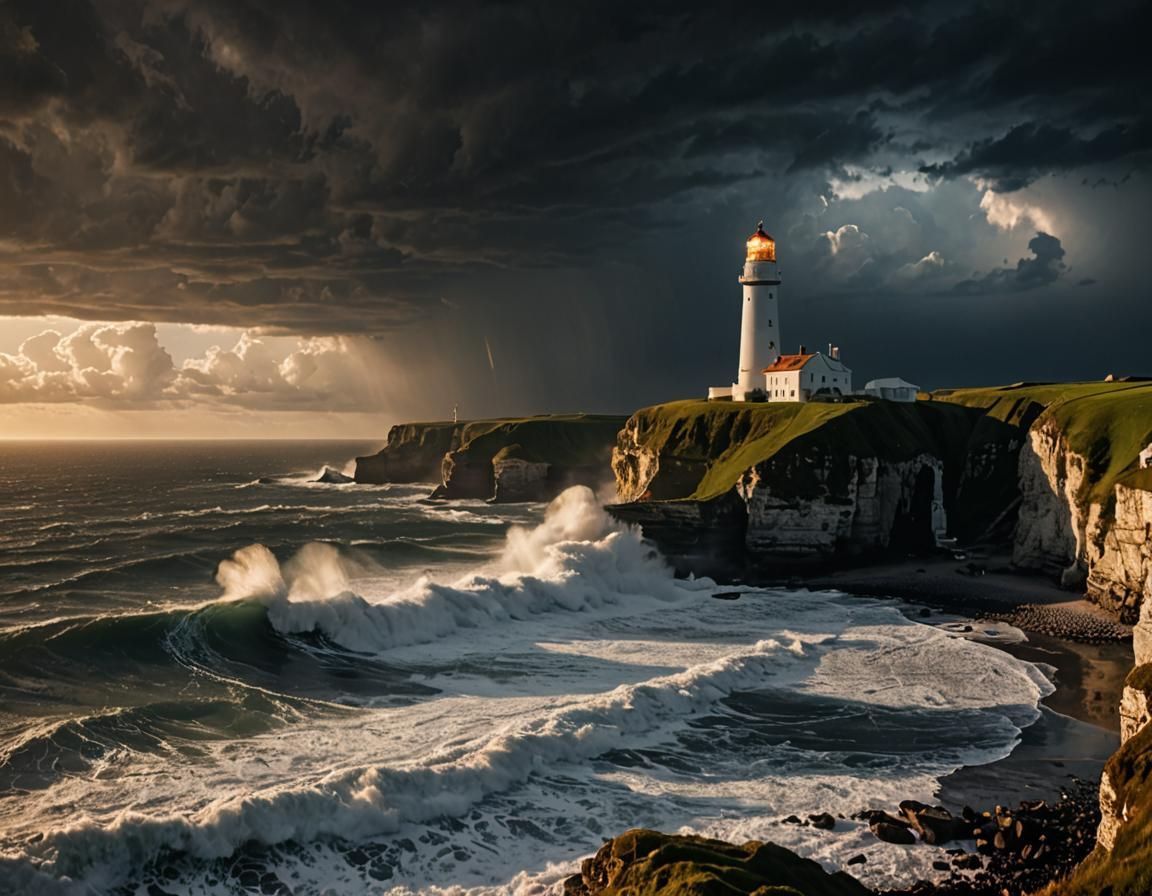 Dramatic Seascape: Flamborough Head Lighthouse in Storm