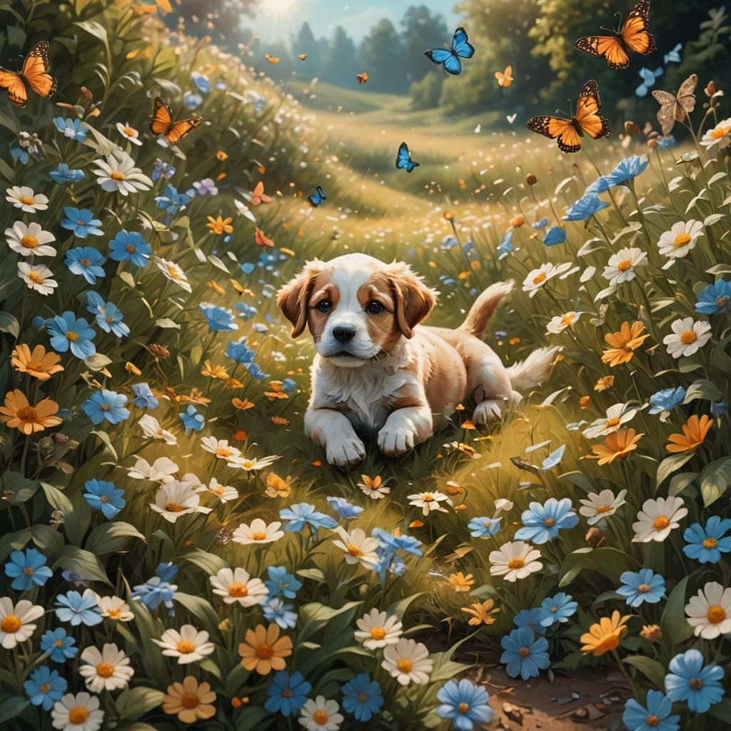 Playful Puppy in a Blooming Flower Field