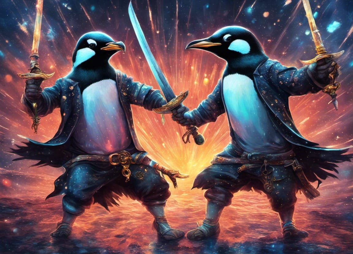 Two Pirate Penguins sword fighting cosmic