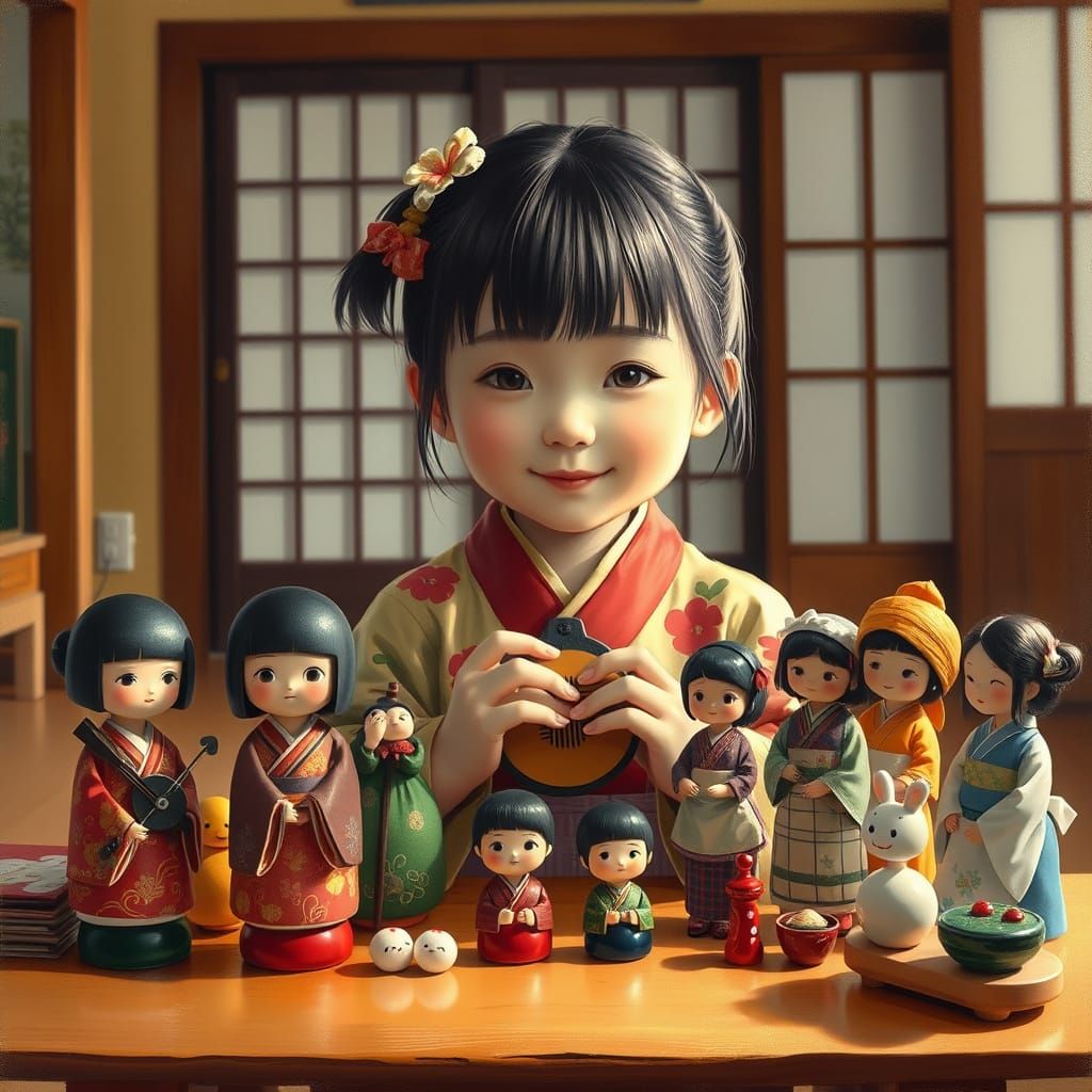 Japanese Girl Plays with Colorful Kokeshi Dolls in Cozy Play...