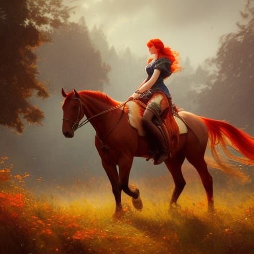 Scottish Redhead Queen on Horse, Art Nouveau Style