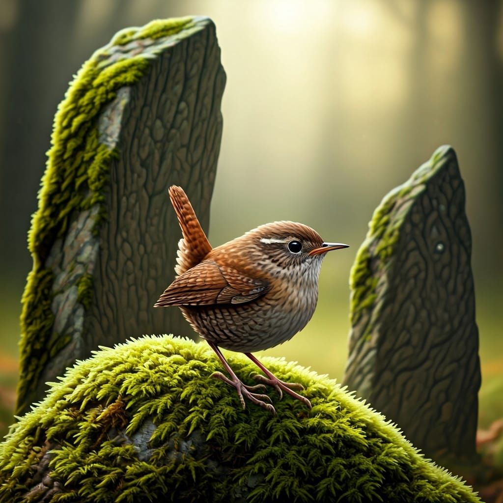 Wren on Moss Stone at Wayland's Smithy