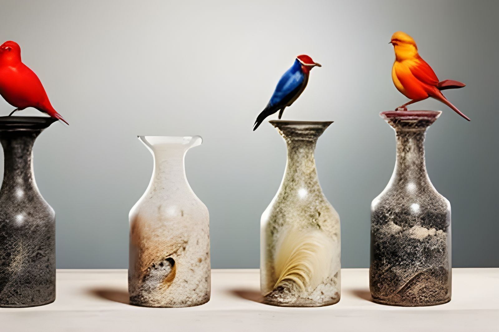 Birds on bottles.