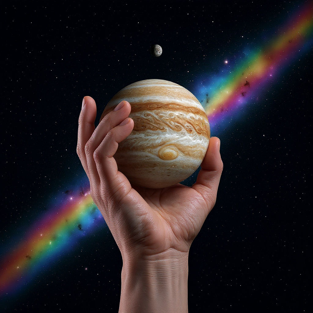 Giant Hand Holding Jupiter: Hyperrealistic Cosmic Art