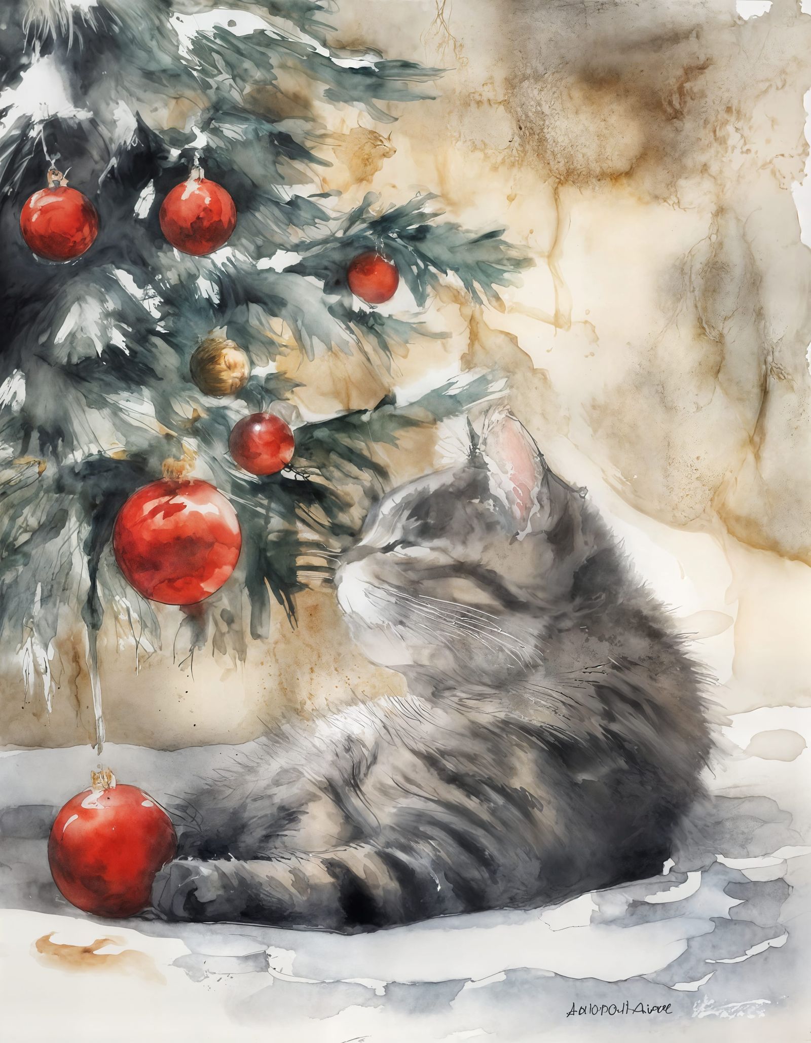 Tabby Cat Napping Under Christmas Tree in Ink Wash Style
