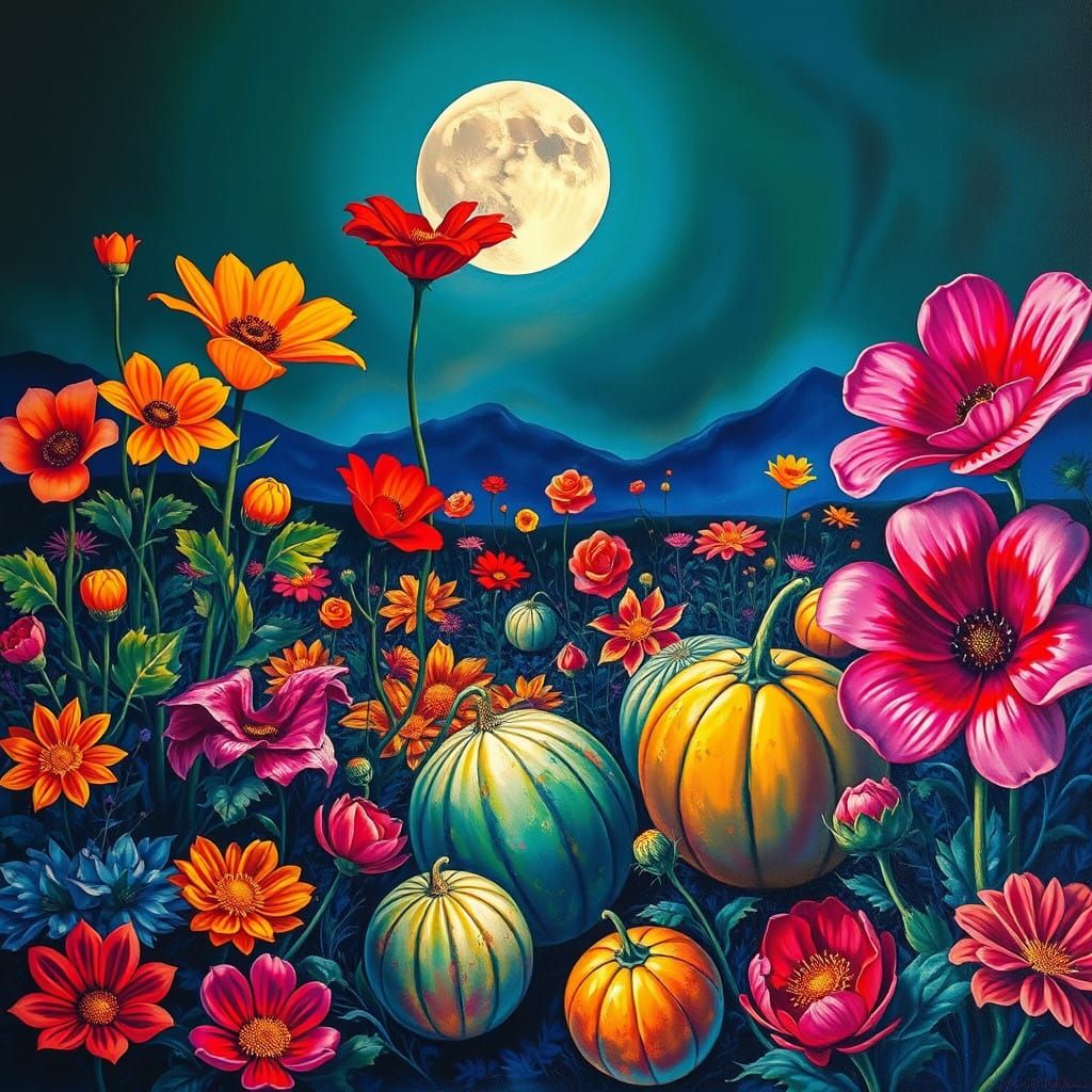 Vibrant Garden at Full Moon in Surrealist Style