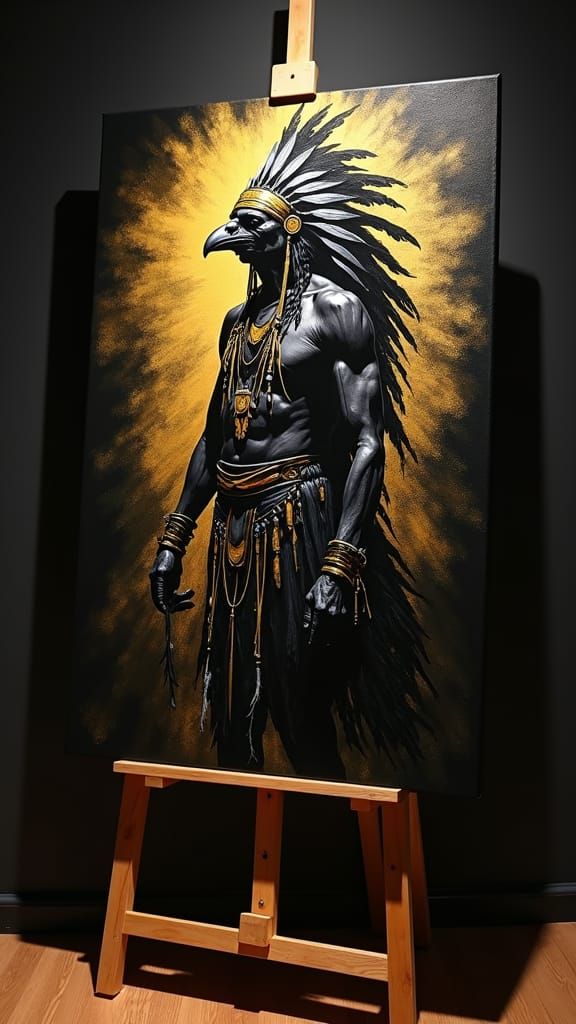 Native American Dancer in Gold Regalia, Grunge Style