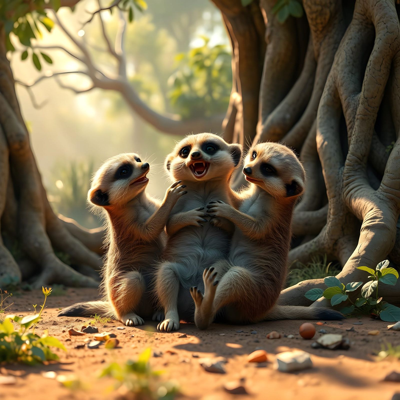 Surreal Meerkat Playtime in Vibrant Fantasy World