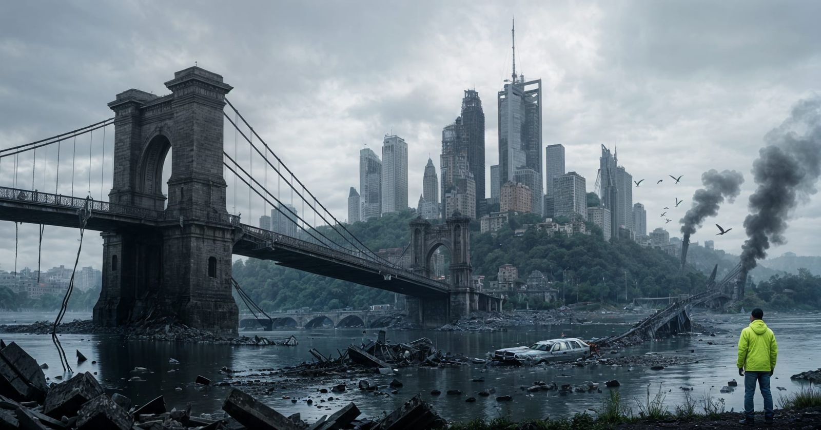 Post-Apocalyptic Bridge Ruins Over Polluted River
