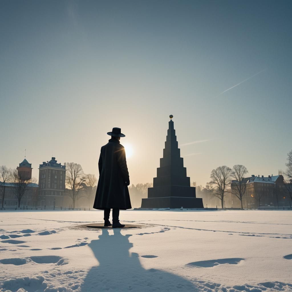Monumental Black Hat Statue in Winter: Bauhaus Style