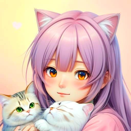 Cute Anime Girl Holding Worried Tabby Cat