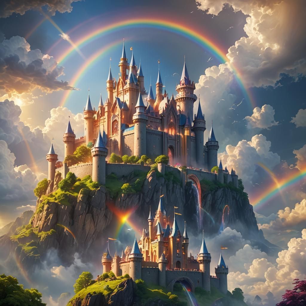 Radiant Rainbow Castle in Heavenly Clouds