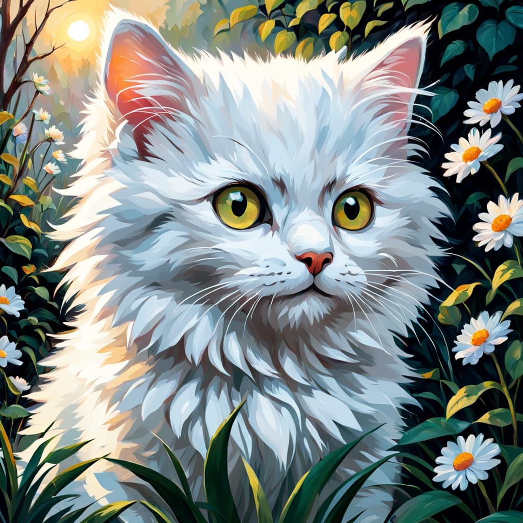Fluffy Kitten in Blooming Garden Neo-Impressionist Painting