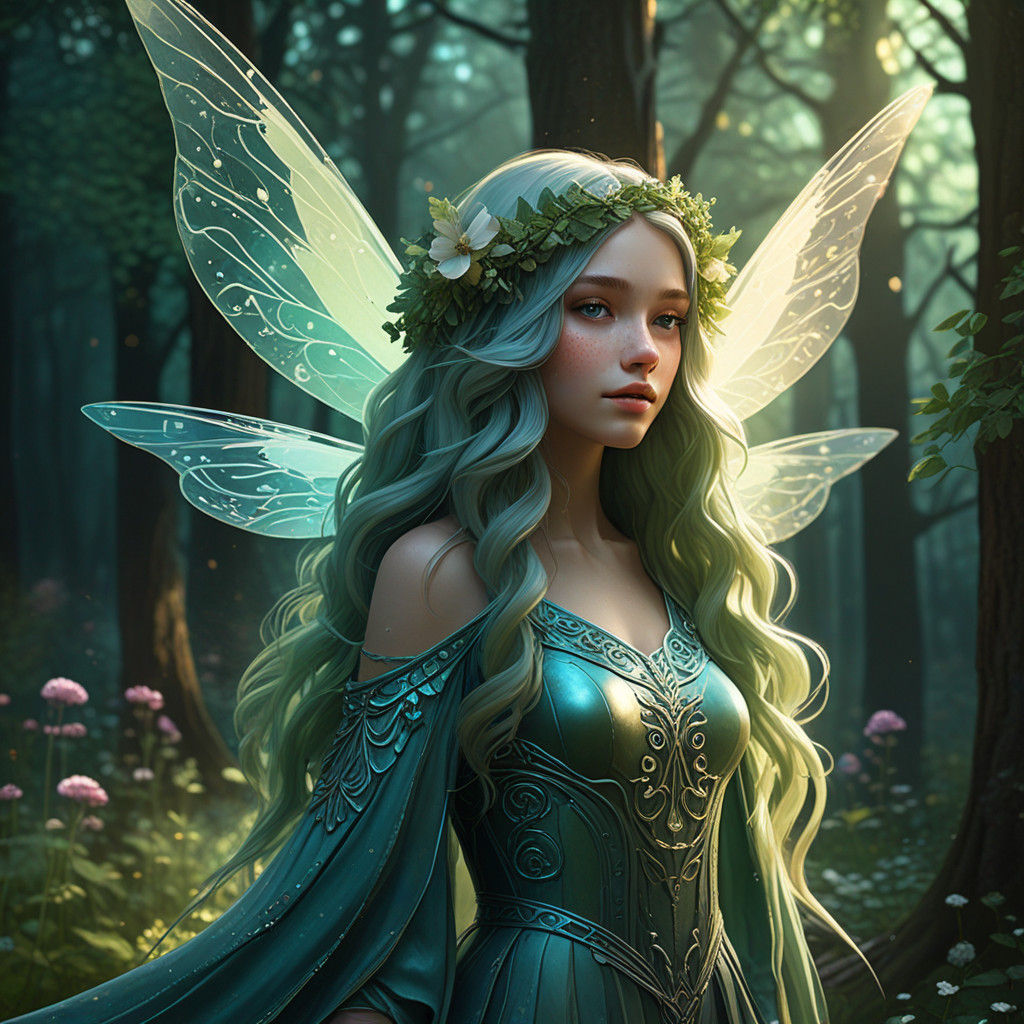 Whimsical Fairy in Enchanted Forest, Iridescent Colors and D...