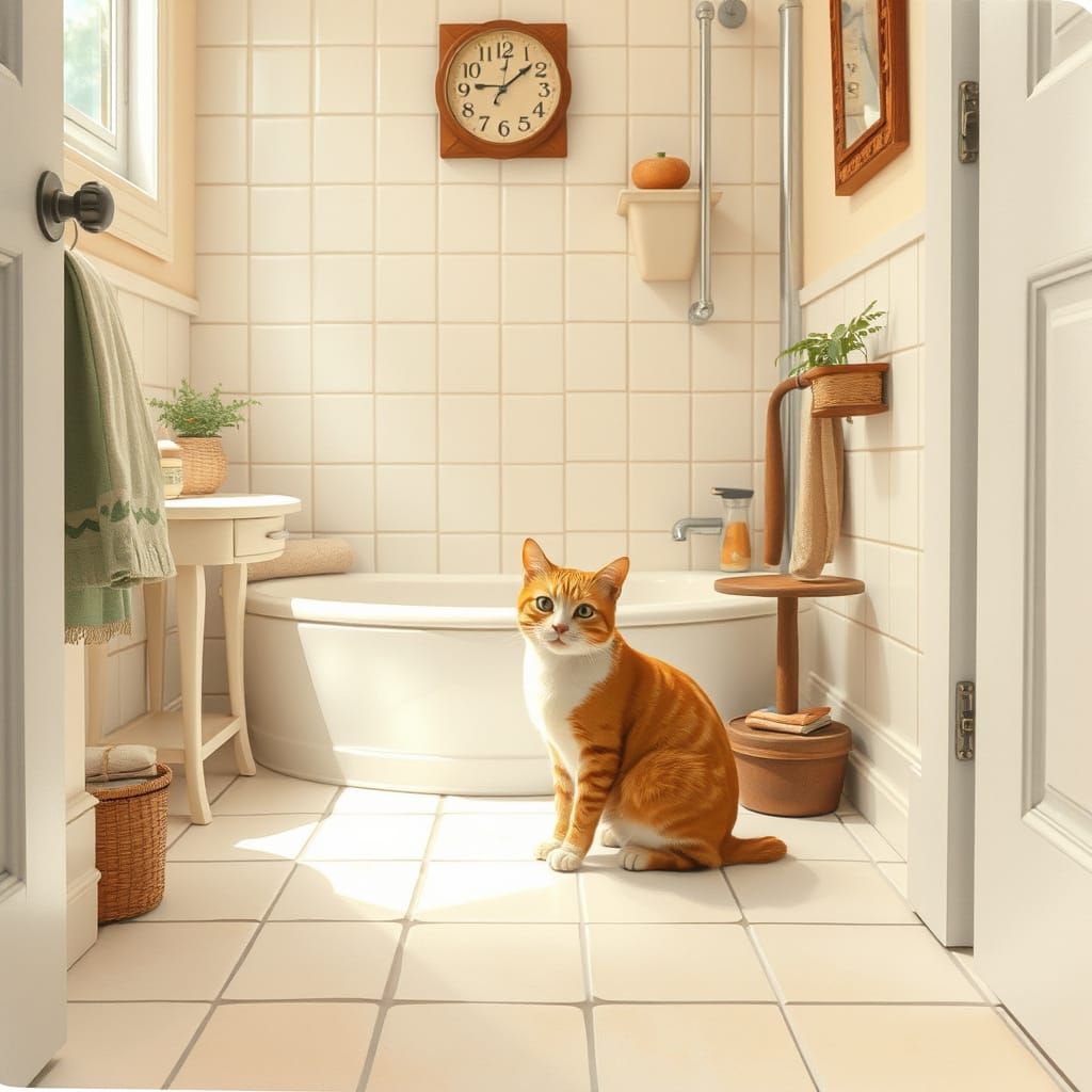 Cat in Bourgeois Bathroom, Watercolor Style