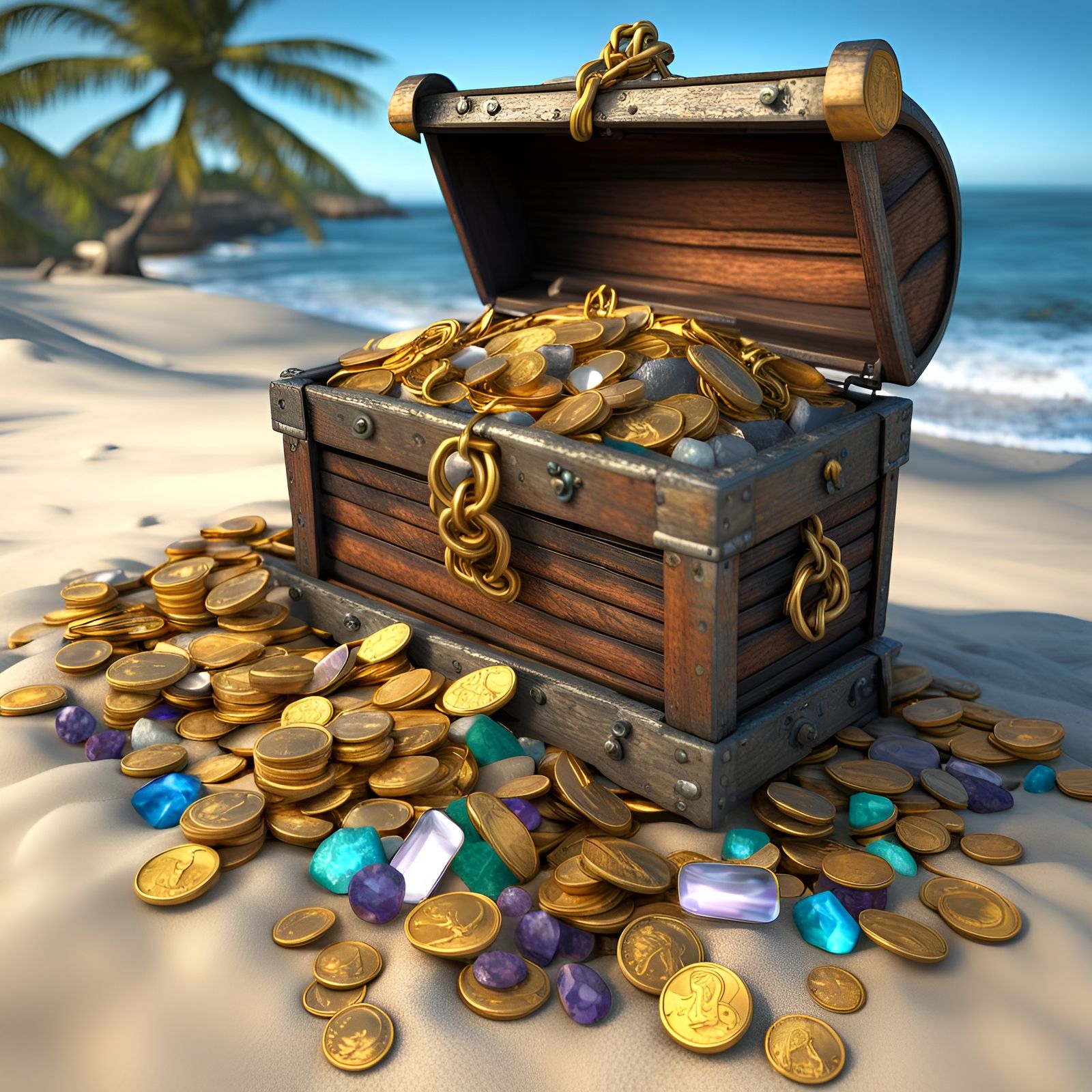 Open pirate chest washed up on the shore with gold coins jew...