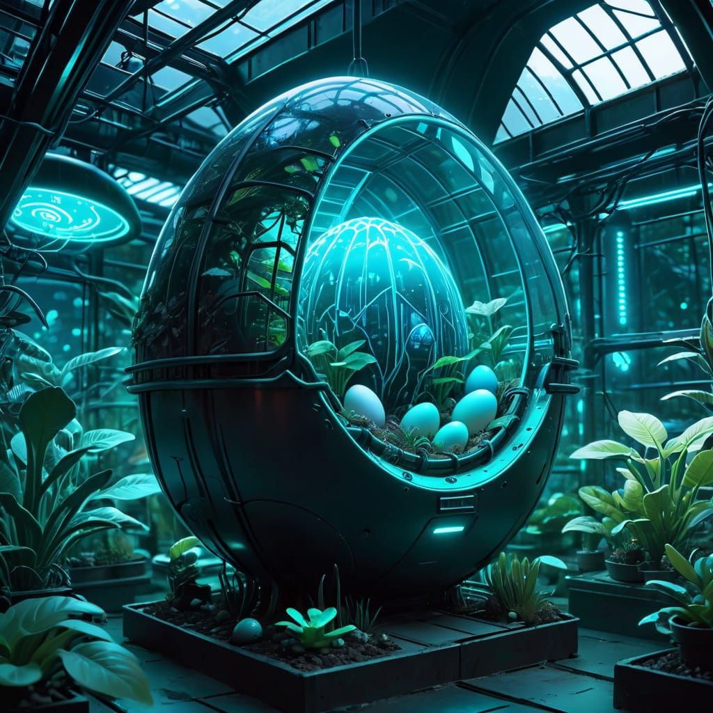 Biopunk Egg in Cyberpunk Bioluminescent Greenhouse