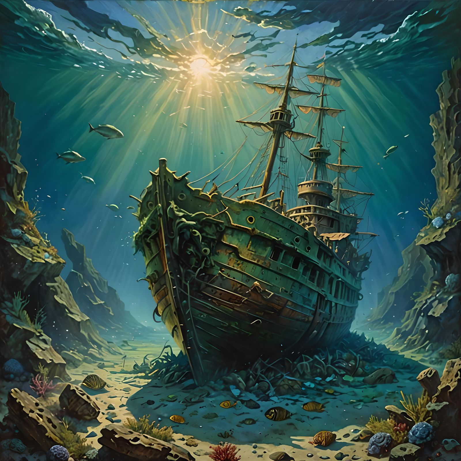 Sunken Greek Shipwreck with Sirens, Oil Painting