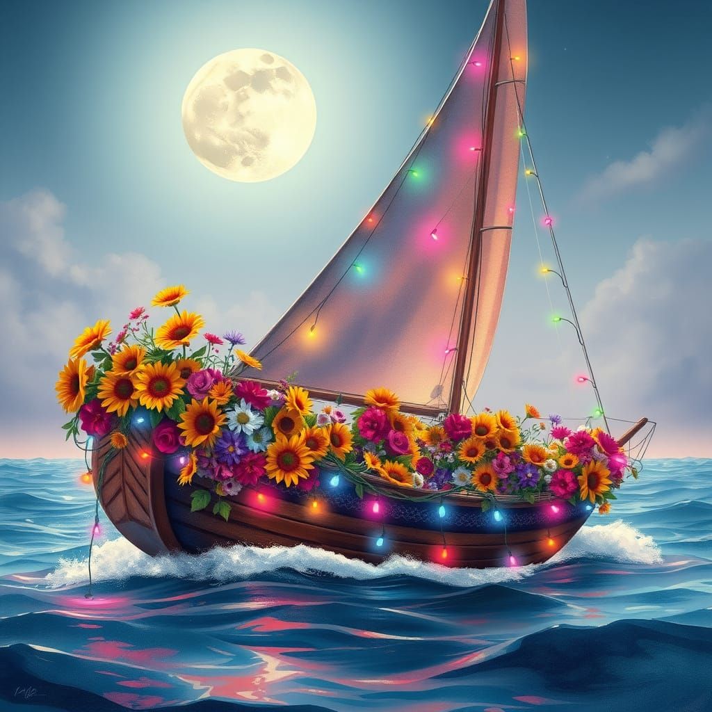 Stunning Sailboat with Whimsical Flower Arrangement and LED ...