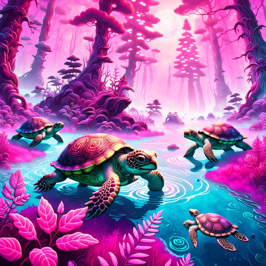 Biopunk Turtles in Psychedelic Glowing Forest
