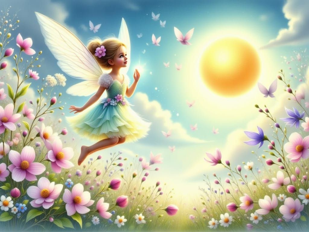 Enchanting Watercolor Fairy Soars Above Spring Meadow