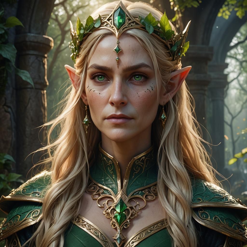 Elven queen with long blonde hair and green eyes.