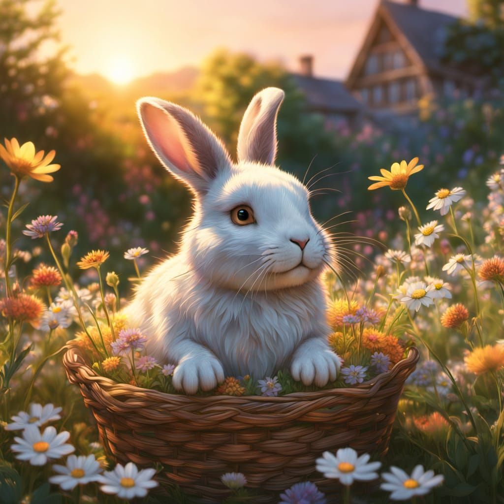 Radiant Rabbit in Wildflower Basket at Golden Hour