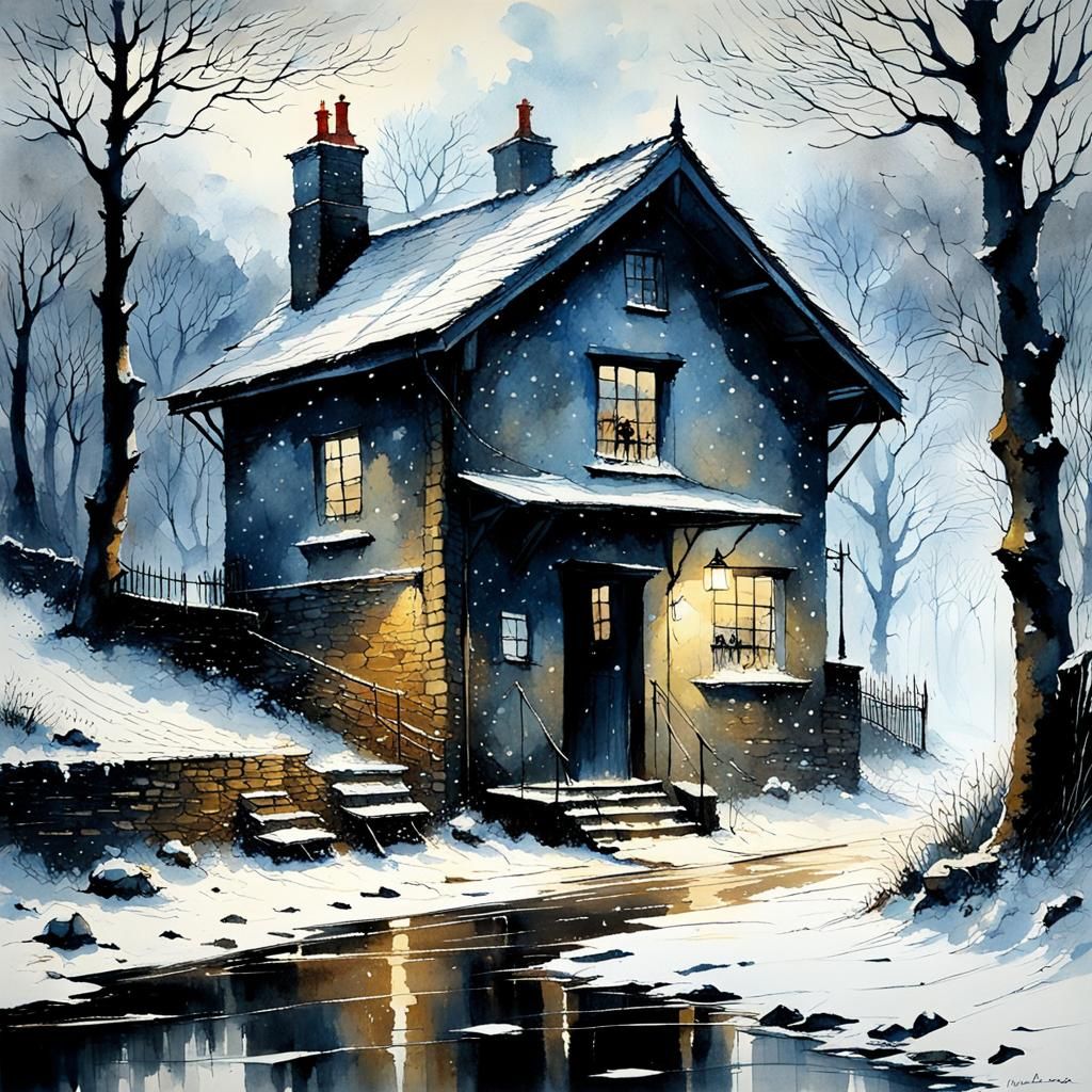 Snowstorm Shelter: Intricate Watercolor Painting