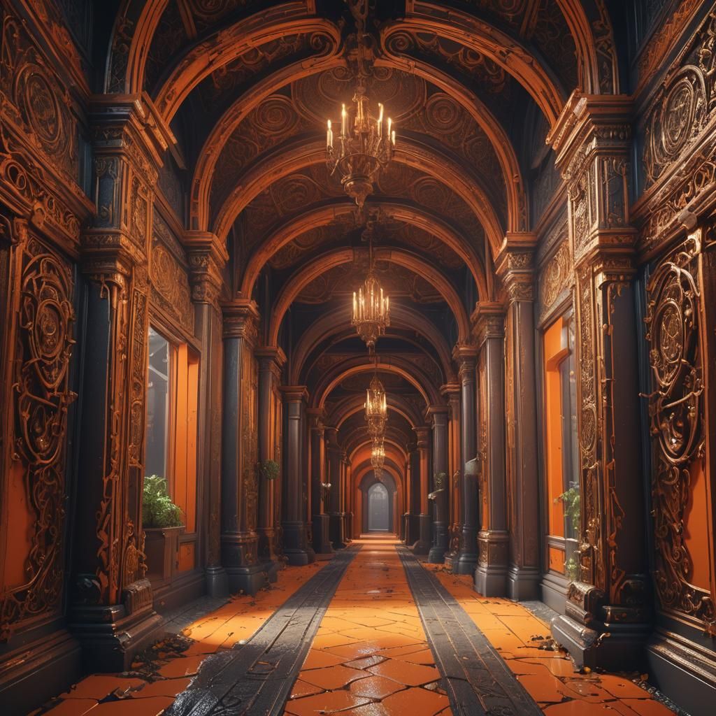 Fantastical Orange Hallway in Detailed Matte Painting