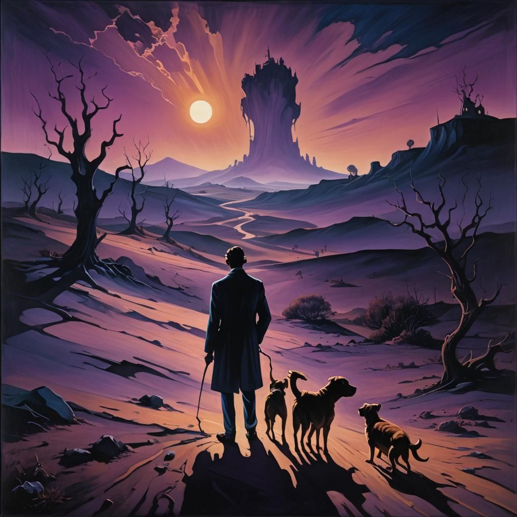 Unsettling Surrealist Landscape with Comatose Dog