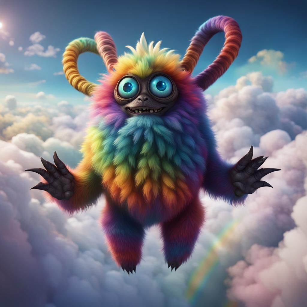 Rainbow Creature Floating Above Clouds: Fantasy Concept Art