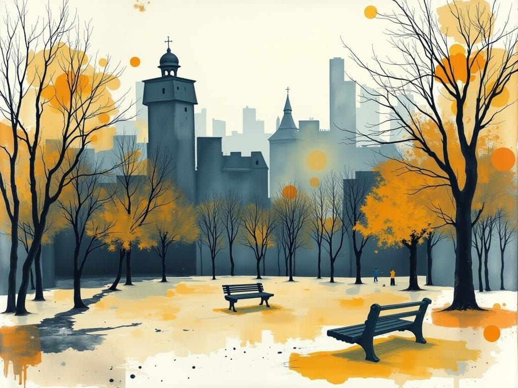 Dreamlike Watercolor of Urban Park in Moody Tones