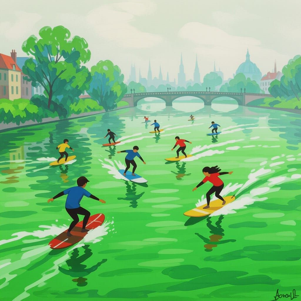 Monet-Inspired Skateboard Art with Cartoon Surfers on Thames...