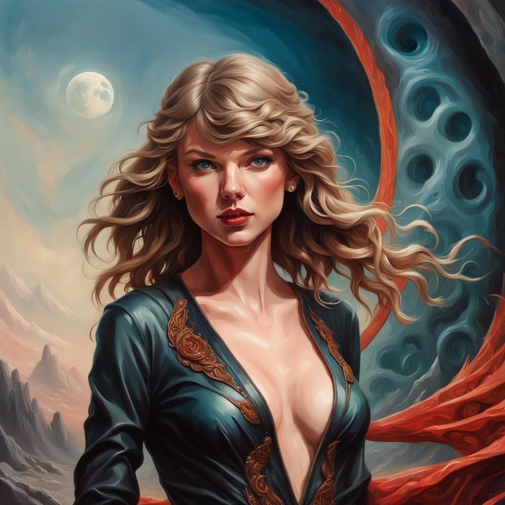 Taylor Swift -  head and shoulders portrait, 8k resolution concept art portrait.  By Max Ernst detailed painting vortici...