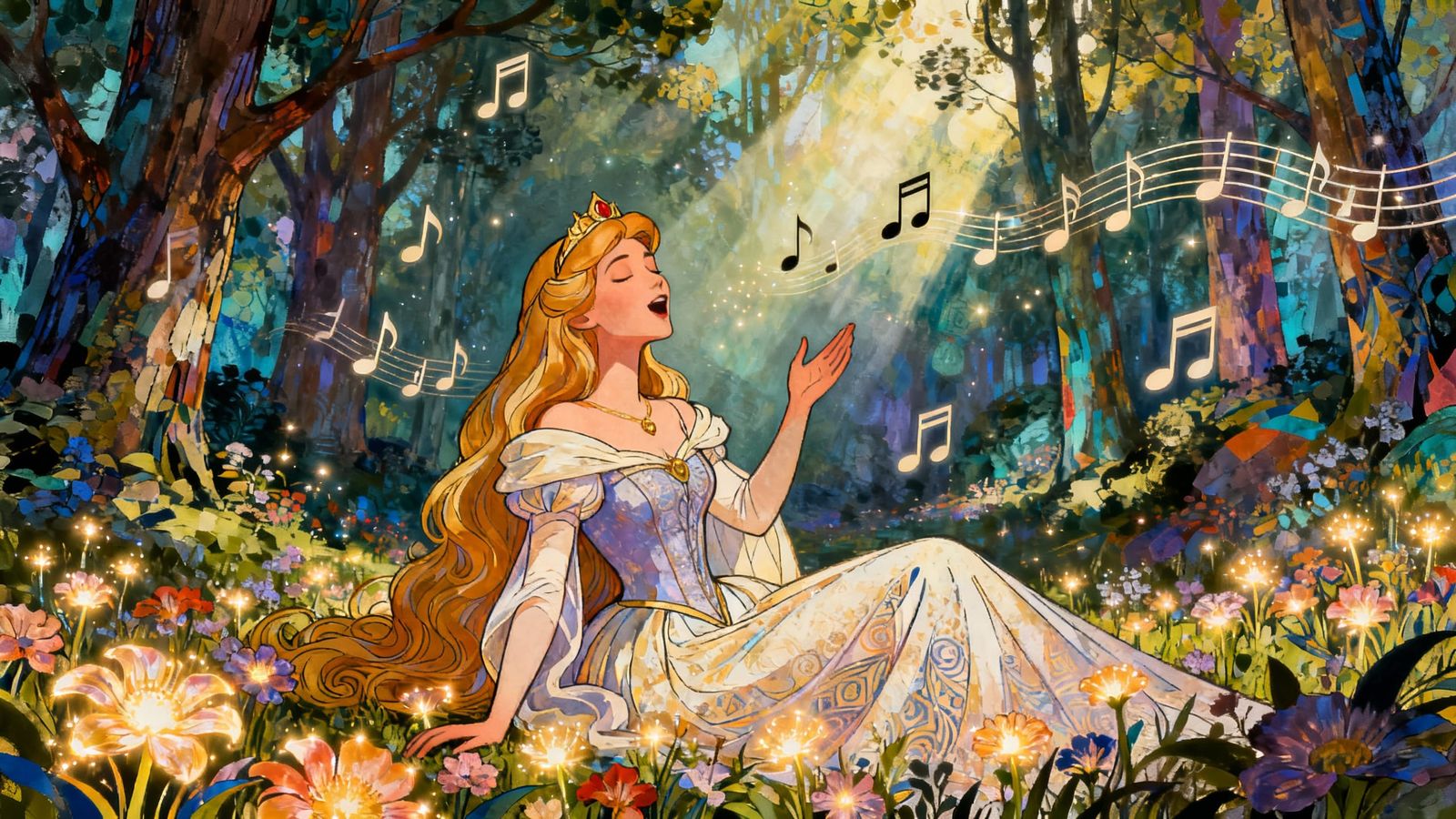 Sleeping Beauty Aurora Sings in Detailed Forest