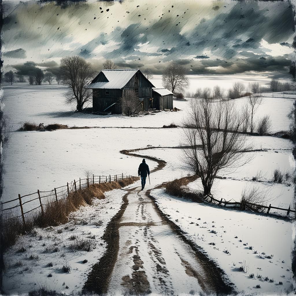 Snowy Farm Landscape in Watercolor Style