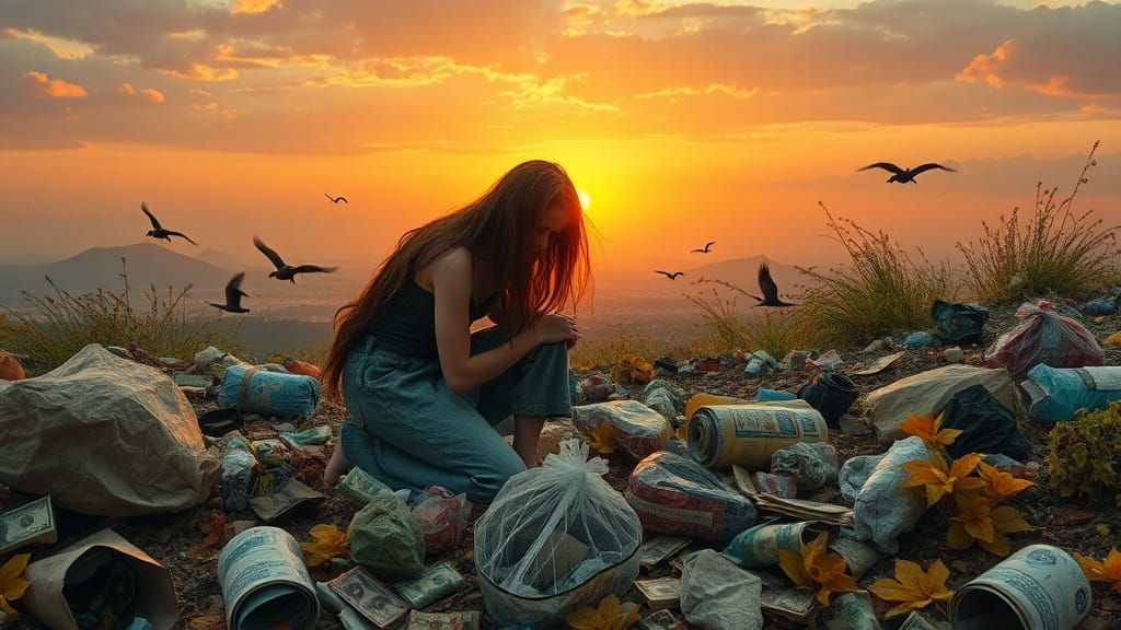 Garbage Collage with Sunset in Digital Art