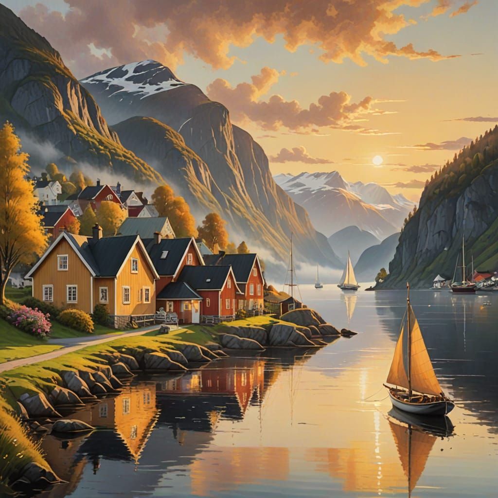 Norwegian Romanticism: Fjord Scene with Traditional Costumes