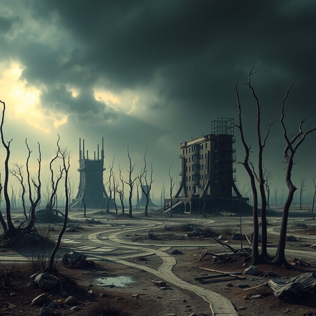 Post-Apocalyptic Landscape in Dark Surrealist Style